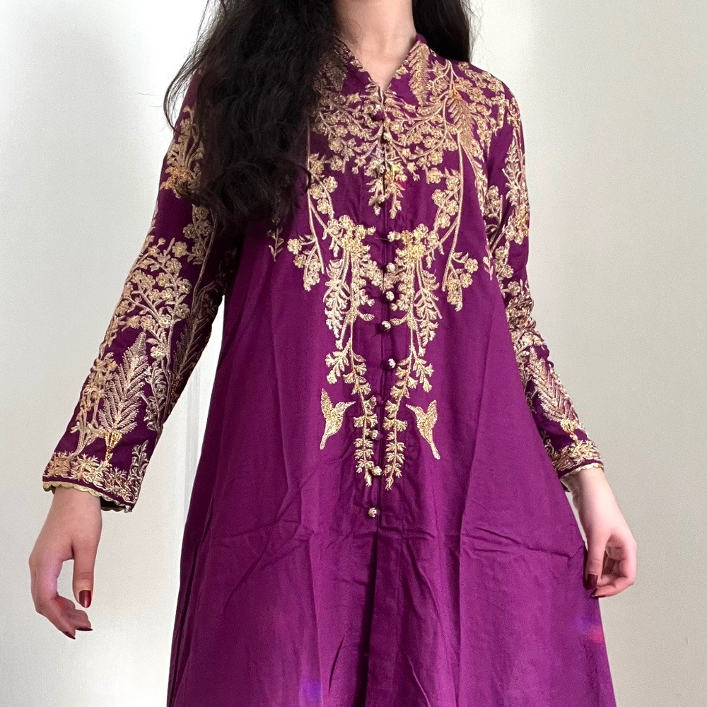Embroidered flared frock/kurta on raw silk